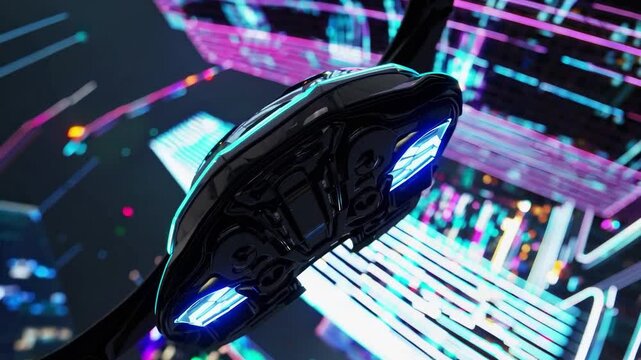 Futuristic Cityscape Featuring a Sleek Hover Car Flying at Night Among Neon-Lit Skyscrapers in a Vibrant, High-Tech Urban Environment
