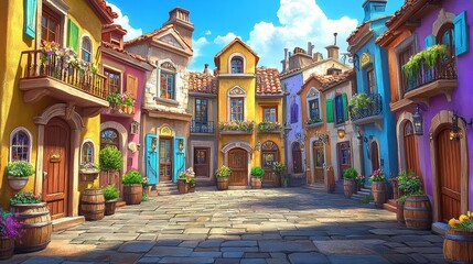 Fototapeta premium Vibrant urban landscape with colorful architecture evoking whimsical travel destinations and historical charm in a painterly artistic rendition