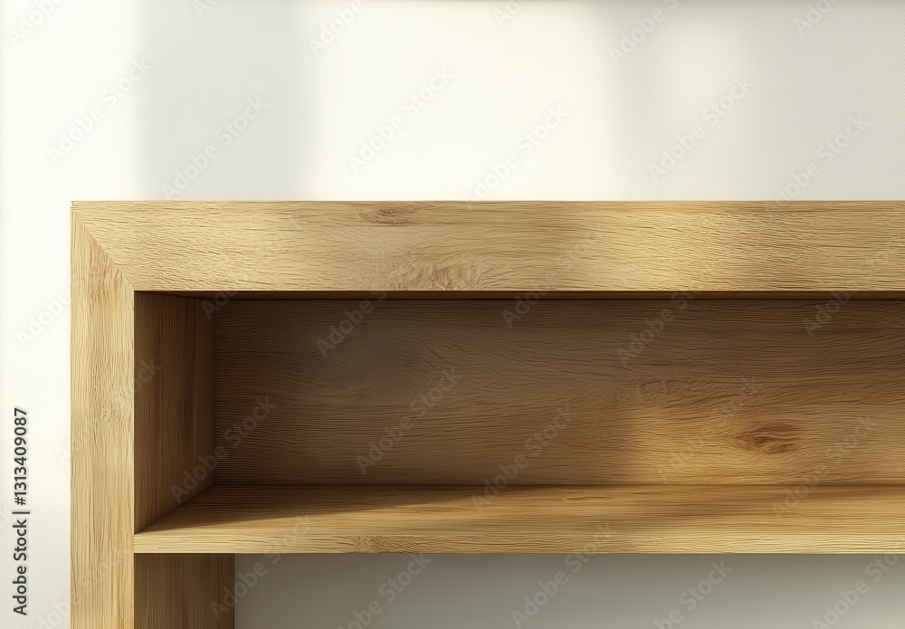 Poster clean and minimalist wooden shelf with sunlight reflections and subtle natural texture ideal for mod