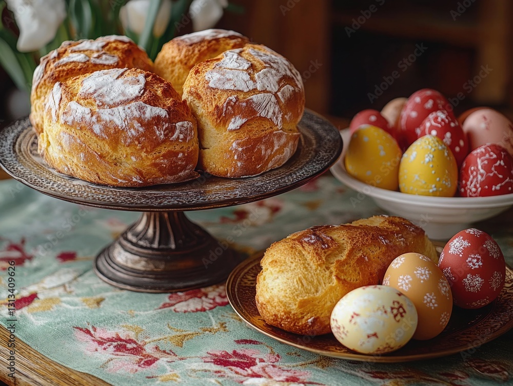 Aufkleber a table with a tray of bread and a bowl of eggs. the bread is sliced and the eggs are arranged in a 
