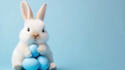 Obraz premium Easter Bunny with blue eggs on a blue background, leaving space for copy in the center, suitable for holiday cards.