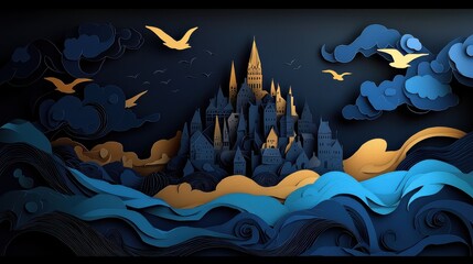 Majestic Castle Overlooking Serene Sea with Birds Soaring Above Sky