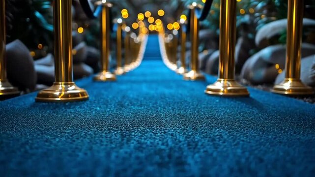 Blue carpet walkway,  lights,  event,  VIP entrance. Possible use Stock photo for events, parties, celebrations
