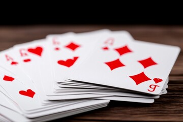 Obraz premium A close-up view of playing cards featuring red hearts and diamonds