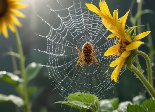 Marbled orbweaver spider web on a sunflower stem with dew drops, spider web, entomology , floral details