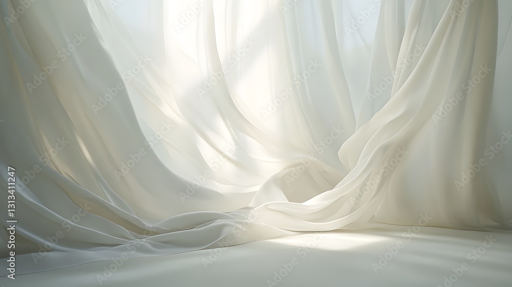 Poster sheer white curtains creating soft waves illuminated by light