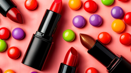 Obraz premium Lipstick and Candy - Flat Lay Photography