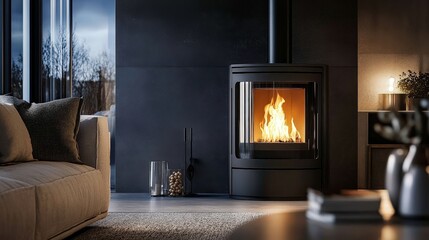 A modern stove warms the cozy living room environment.