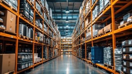 Warehouse Interior, Aisles of Stock, Packed Shelves, Modern Storage