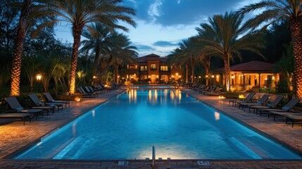 Evening poolside scene at luxury resort with palm trees and villas