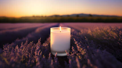 Elegant White Glass Candle Holder with Glowing Flames In French Lavender Flower Fields During Sunset. Soft Bokeh Background. Product Mockup.