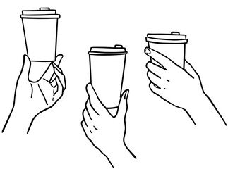 Sets of hand holding a paper cup of coffee