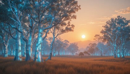 Glowing Trees in a Serene Sunset Landscape Magical Forest Scene at Dusk