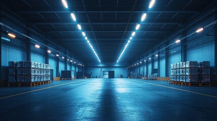 Fototapeta premium Empty warehouse interior, blue light, stacked boxes, industrial scene