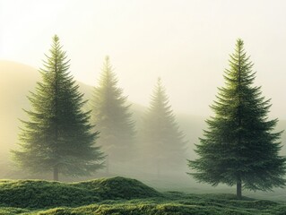 Fototapeta premium Misty sunrise in lush green forest with tall evergreen trees and light mist.