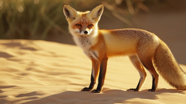 A red fox on a sandy beach.