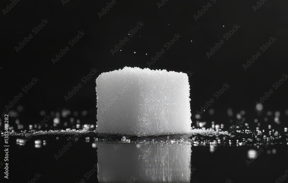 Aufkleber close-up of a pure white sugar cube on a reflective surface with bokeh background and sprinkling sug