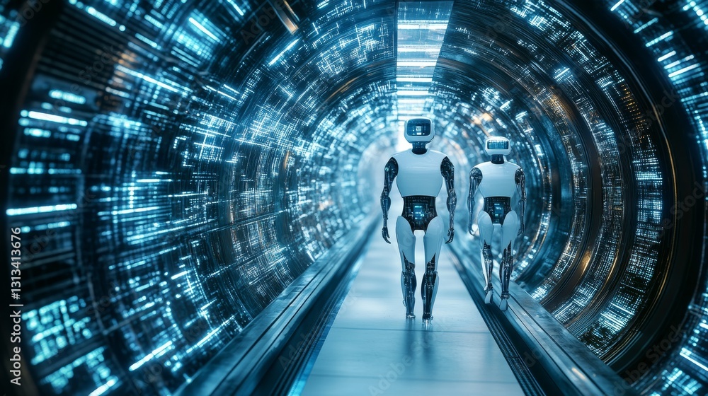 Poster futuristic robots walk in high-tech sci-fi tunnel corridor