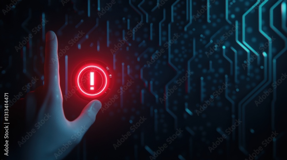 Poster a hand reaching out from the shadows to press a glowing red power button icon, surrounded by complex