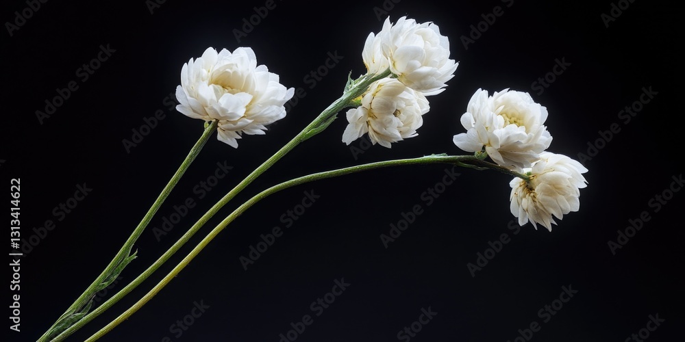 Poster a bouquet of white flowers is displayed on a black background. the flowers are arranged in a way tha