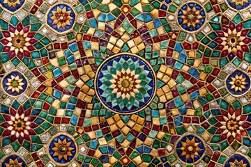 Mosaic tile pattern with intricate geometric shapes in a rich jewel-toned palette, decorative pattern, geometric patterns, design element, luxury aesthetic