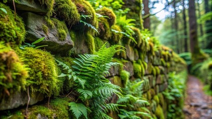 Moss-covered stone wall with mosses and ferns, forest floor, foliage, flora, greenery