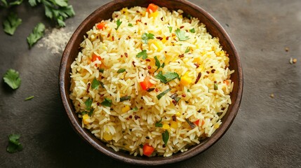Flavorful yellow rice dish in a wooden bowl with parsley and colorful vegetable pieces on a dark surface