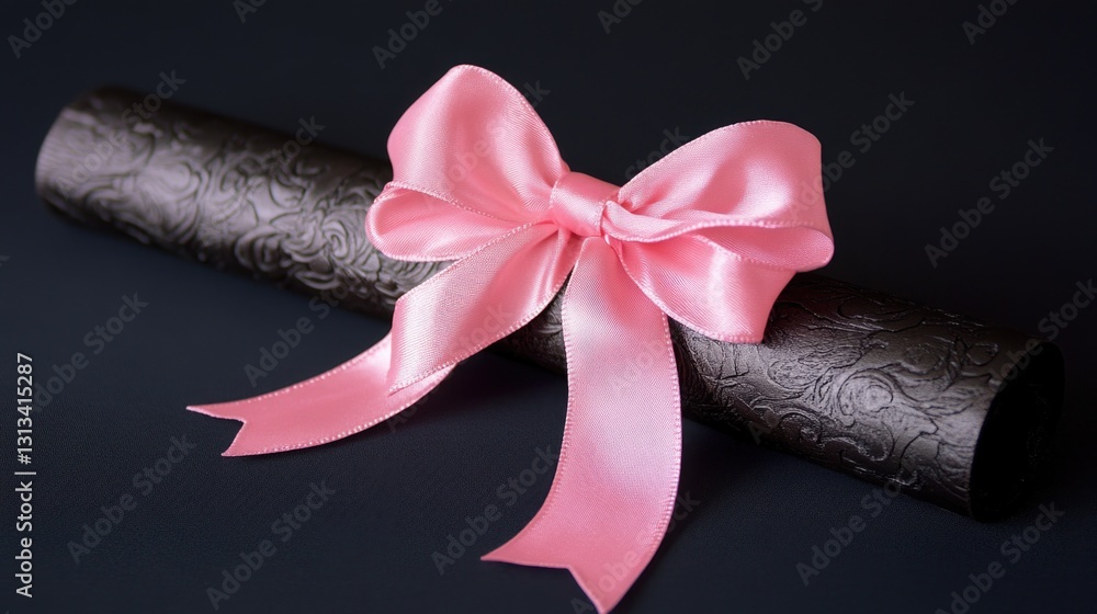 Poster a ribbon is tied in a bow and is placed on top of a black ribbon. the ribbon is pink in color and is