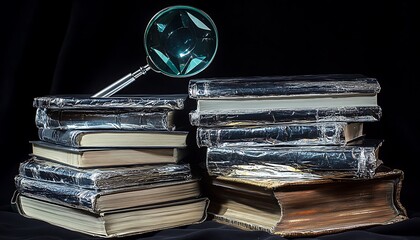 Stack Of Aged Books With Magnifying Glass