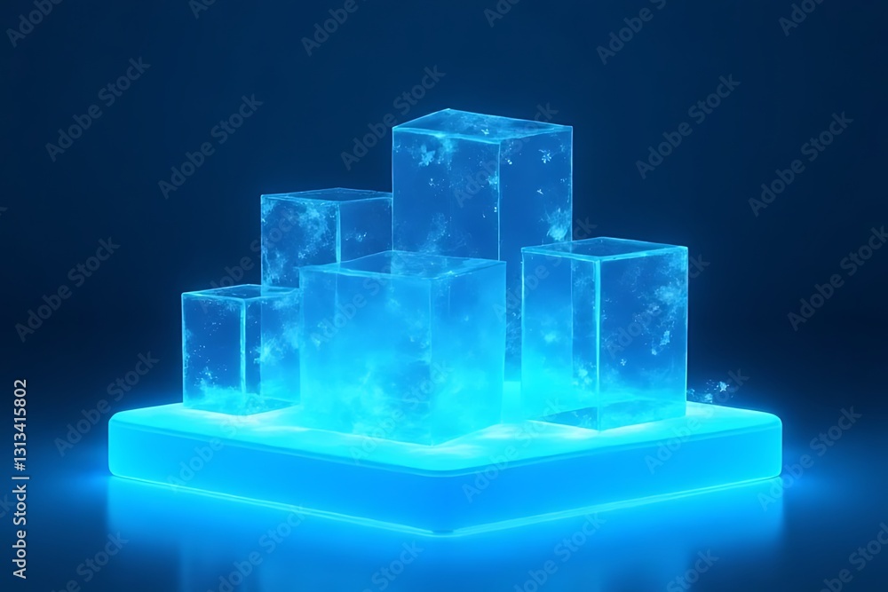 Poster ice block sculpture display futuristic design 3d rendering digital art blue environment high-tech co