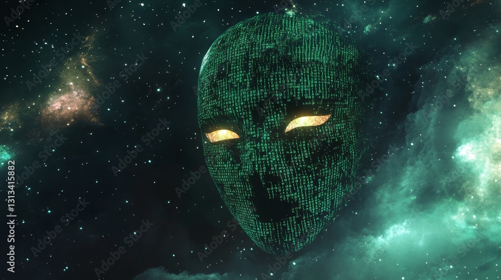 Poster futuristic alien face with digital code in space environment