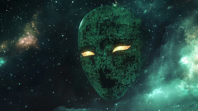 Futuristic Alien Face with Digital Code in Space Environment