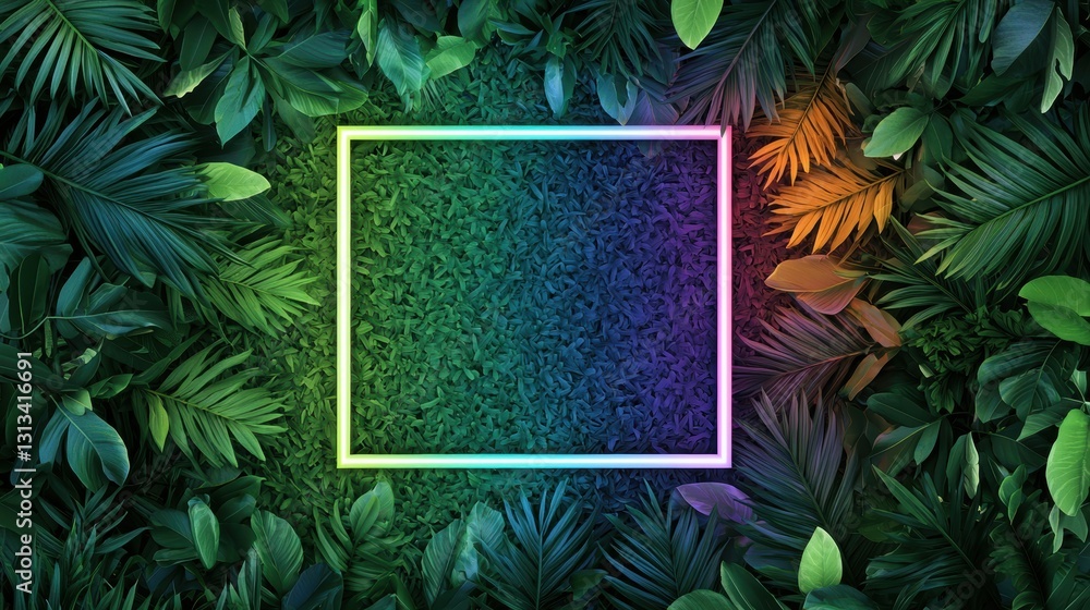 Poster an abstract neon border composed of interconnected geometric shapes, glowing with a spectrum of rain