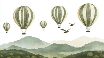 Obraz premium Dreamy hot air balloons over misty mountains illustration vintage adventure travel exploration flight freedom peace scenery serenity