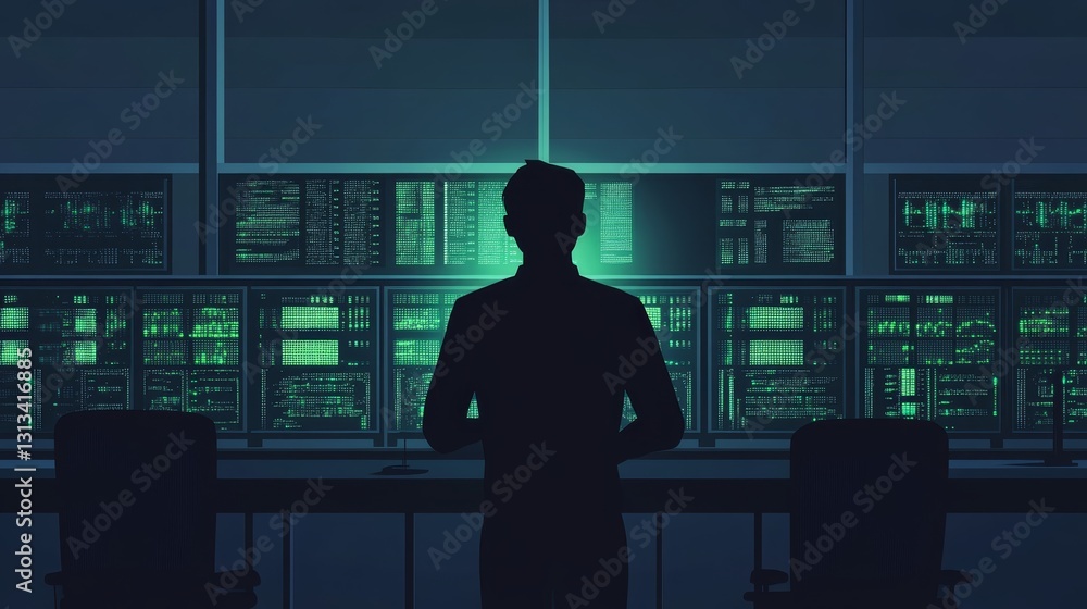 Poster silhouette of a person in front of digital data monitor setup