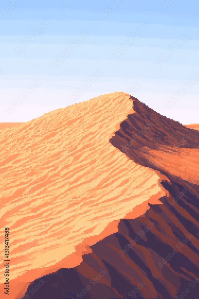 Poster a computer generated image of a desert with a mountain in the background. the image has a warm, eart