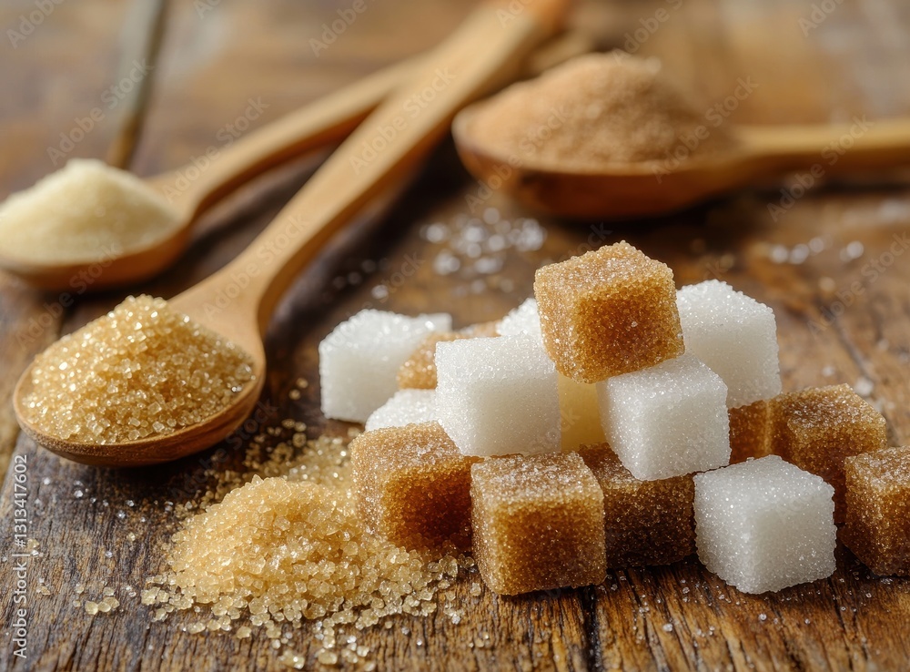 Poster close-up of various types of sugar cubes and granulated sugar on wooden table with spoons in natural