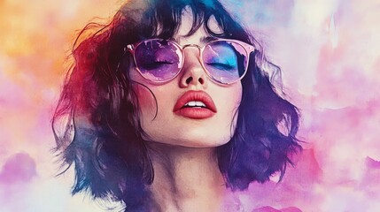 Fototapeta premium A woman with purple hair and glasses is wearing a red lipstick