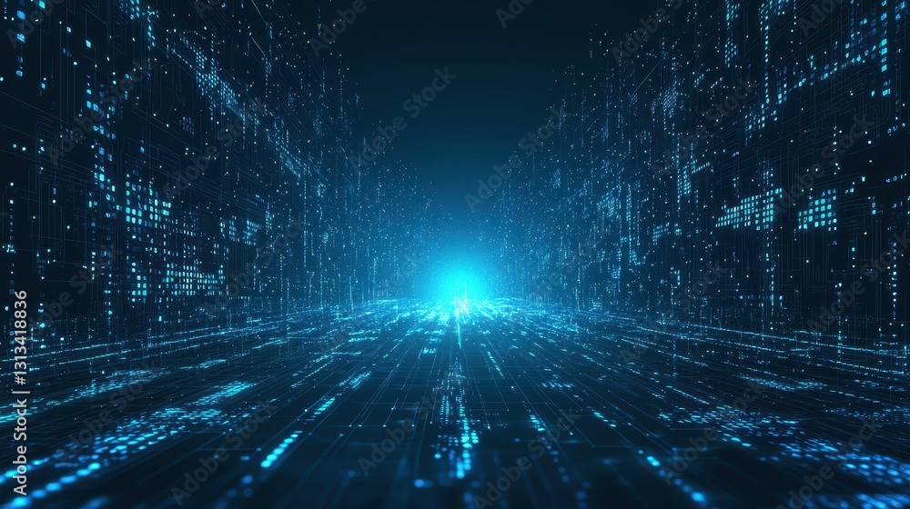 Poster futuristic digital landscape with glowing particles and data streams