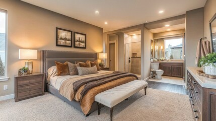 Modern master bedroom with ensuite bathroom, showcasing cozy decor and natural light
