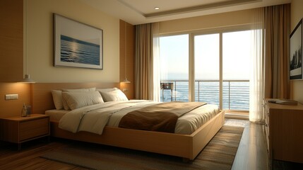 Coastal bedroom interior, sunlit, ocean view, tranquil