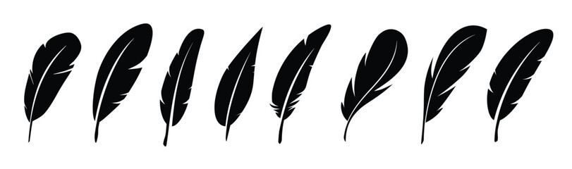 Set of Bird Feather. Feathers vector set in a flat style. Pen icon. Black quill feather silhouette. Plumelet collection isolated on white background