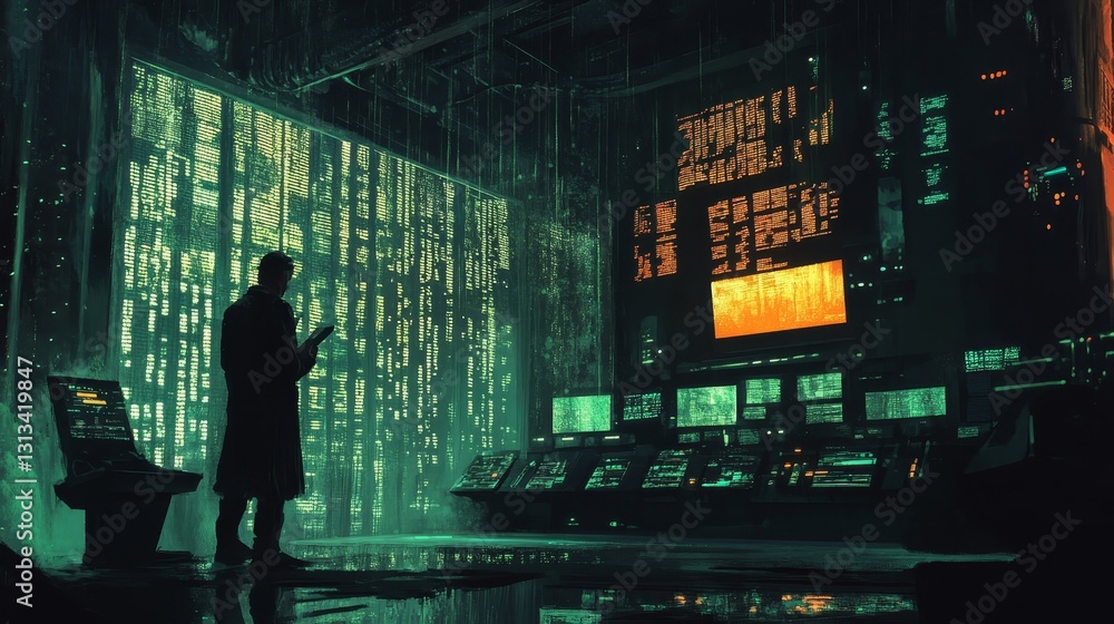 Poster a man is standing in front of a computer monitor with a green screen