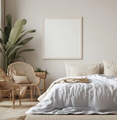 Beige bedroom with wicker chair and blank art