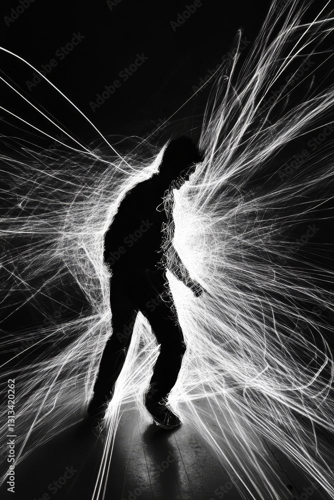 Poster silhouette of person surrounded by dynamic light patterns in darkness