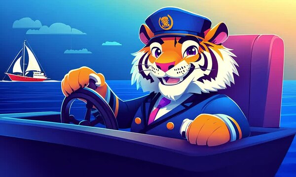 Smiling tiger captain steers boat at sea