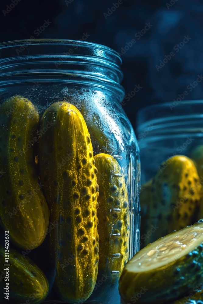 Poster two jars of pickles sit on a table. one jar is almost empty, and the other is almost full. the pickl
