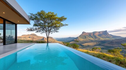 Fototapeta premium An infinity pool overlooking a valley, with a glass wall allowing for uninterrupted views of the natural landscape.