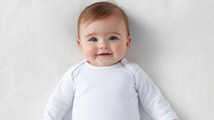 Happy Baby in White Onesie on Gray and White Blanket