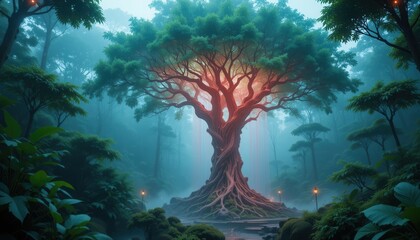 Enchanting Glowing Tree in Mystical Foggy Forest Fantasy Landscape